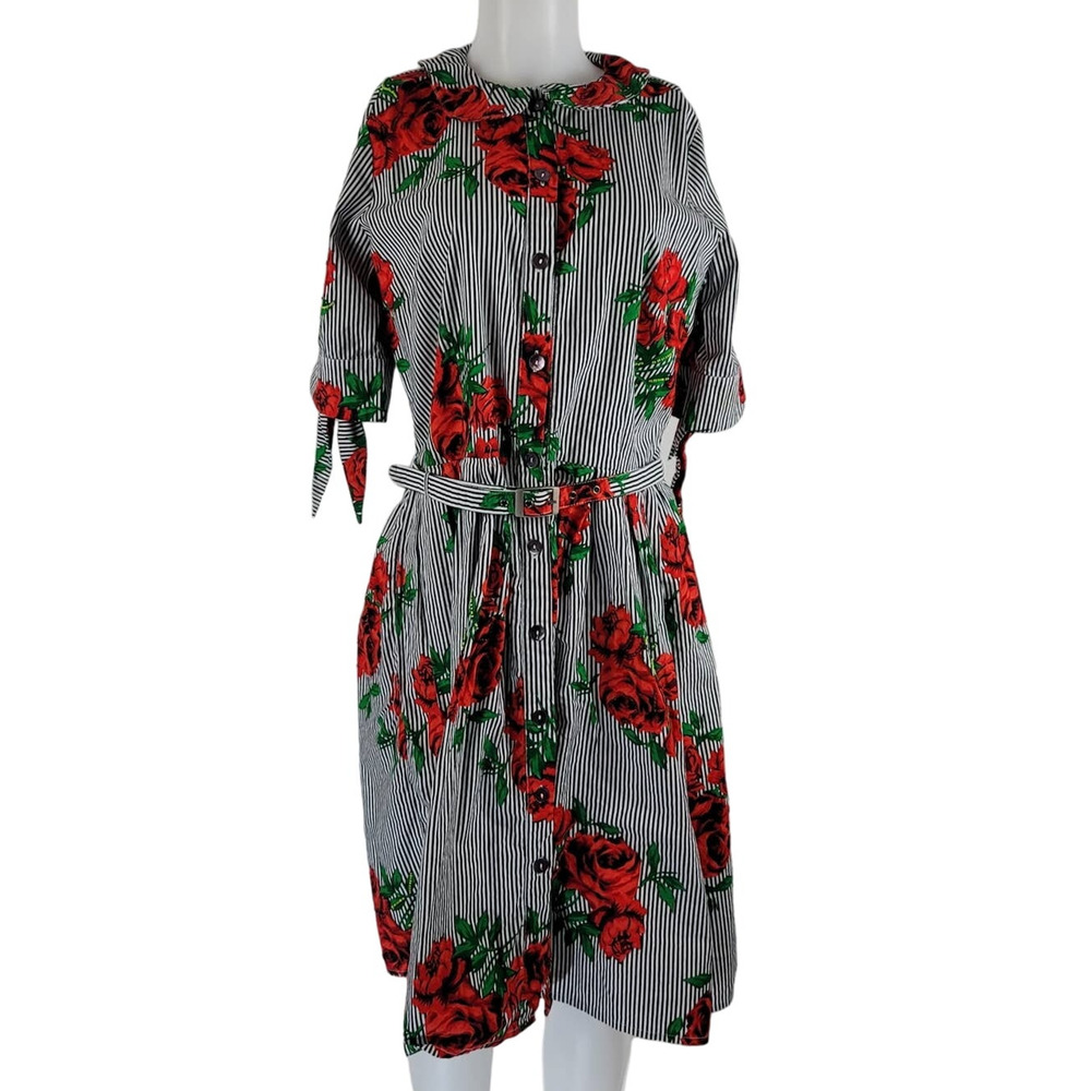Eshakti White/Black Stripped Floral Beaded Business Vacation Dress M